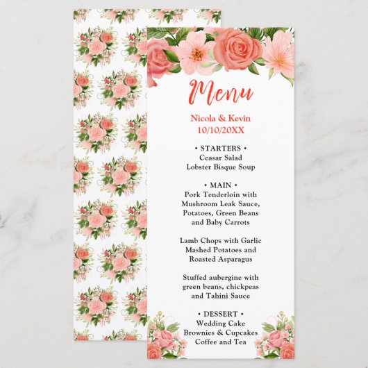 Menu Roses rouges corail avec feuillage (Devant / Derrière)