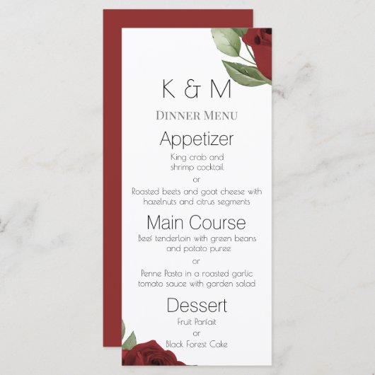 Menu Roses Rouges Élégantes sur Fond Blanc (Devant / Derrière)
