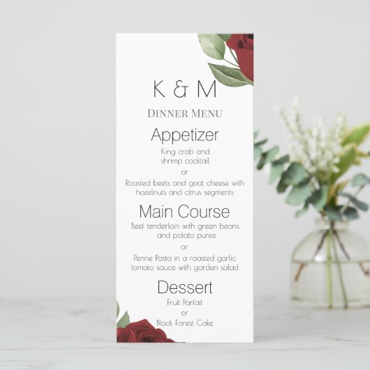 Menu Roses Rouges Élégantes sur Fond Blanc (Debout devant)