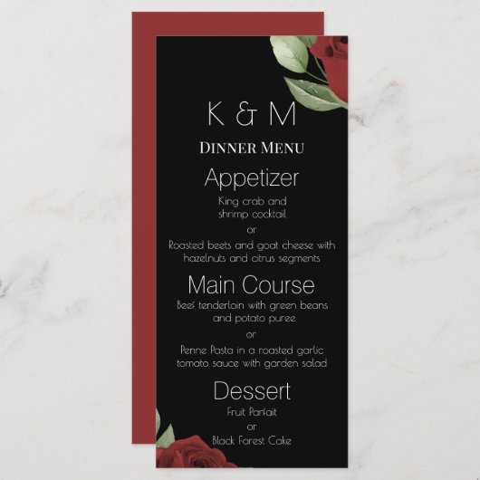 Menu Roses Rouges Élégantes sur Fond Noir (Devant / Derrière)