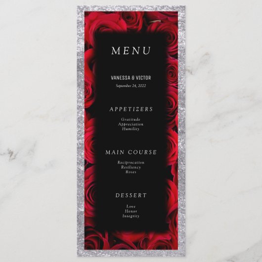 Menu Roses Rouges Faux Argent Luxe Mariage  (Devant)