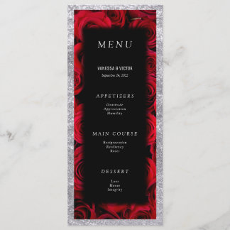 Menu Roses Rouges Faux Luxe Mariage Argent Noir 