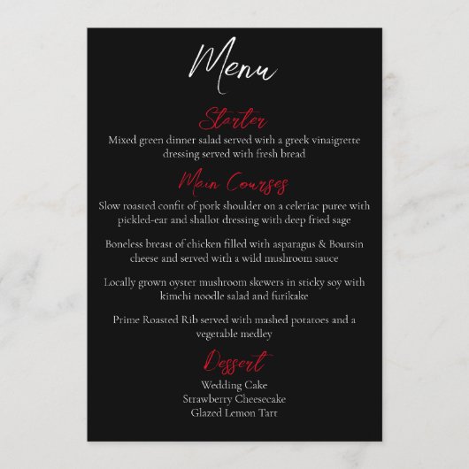 Menu Roses rouges Mariage noir blanc (Devant)