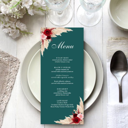 Menu Roses sarcelle et bordeaux et herbe des pampas