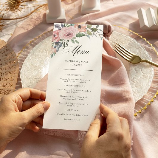Menu Roses subtils d'aquarelle | Fleurs de mariage