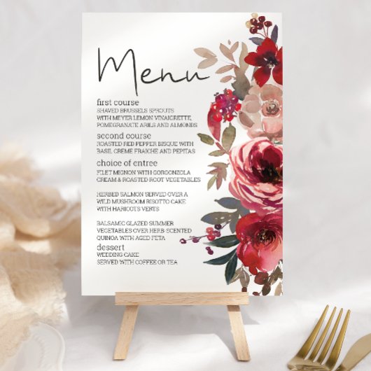 Menu Rouge Blush Floral Roses Mariage romantique
