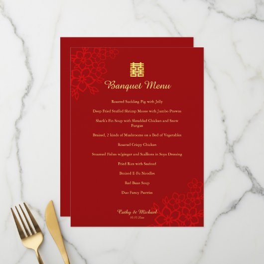 Menu Rouge Double bonheur floral mariage chinois (Devant/Arrière en situation)