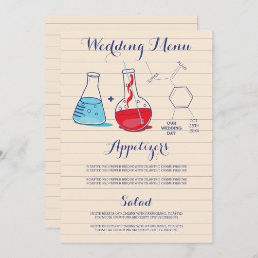 Menu rouge et bleu de mariage de chimie (Devant / Derrière)