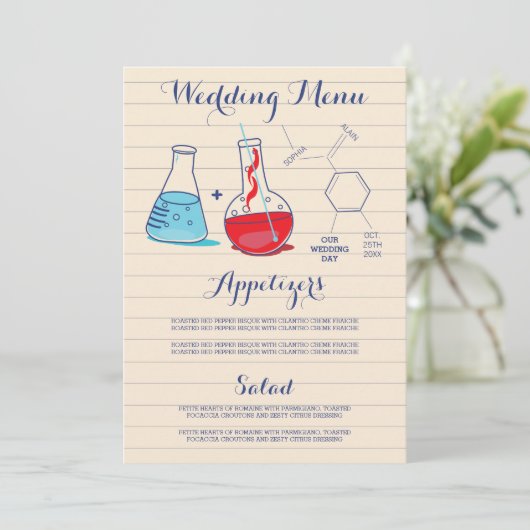 Menu rouge et bleu de mariage de chimie (Debout devant)