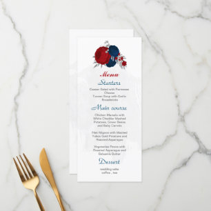 Menu rouge et bleu marine fleurs argent mariage botaniq