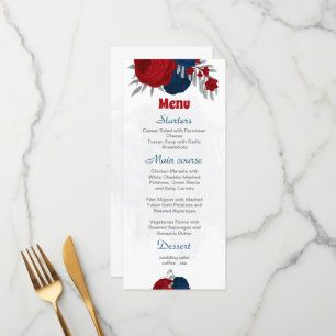 Menu rouge et bleu marine fleurs argent mariage botaniq