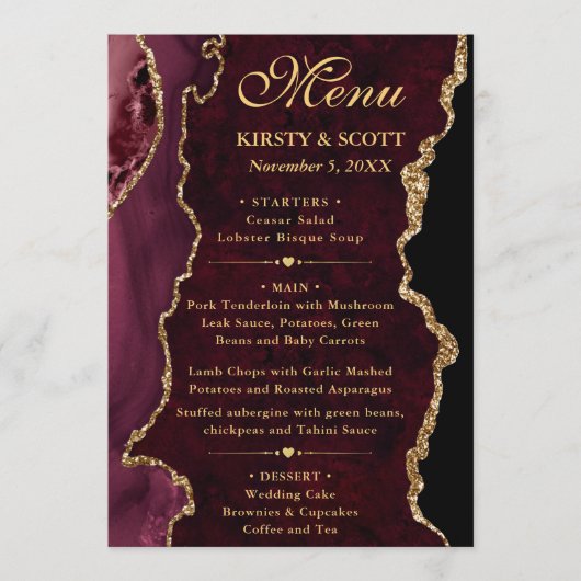 Menu Rouge et Or Faux Paillettes Agate Mariage (Devant)