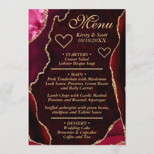 Menu Rouge et Or Mariage de Marbre d'agate Pailleté (Devant)