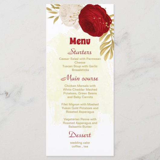Menu rouge foncé & fleurs blanches or botanique mariage (Devant)