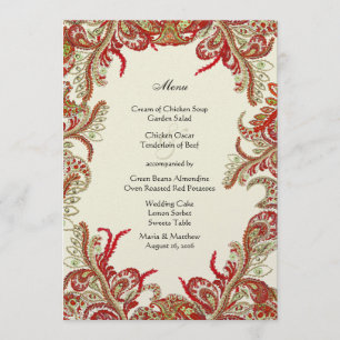 Menu Rouge or et Lime Vintage Paisley Mariage damassé