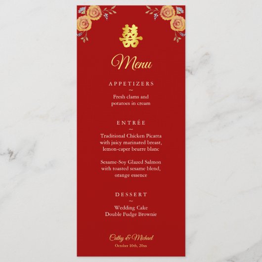 Menu Rouge orange floral chinois mariage double bonheur (Devant)
