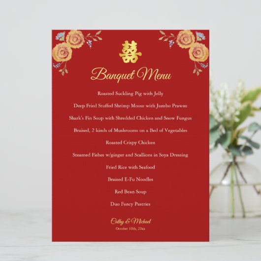 Menu Rouge orange floral chinois mariage double bonheur (Debout devant)