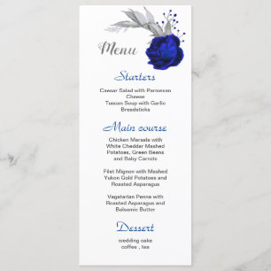 Menu royal blue flower argent feuille white mariage men