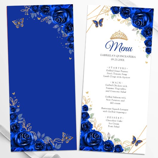 Menu Royal Blue Gold Floral Quinceanera