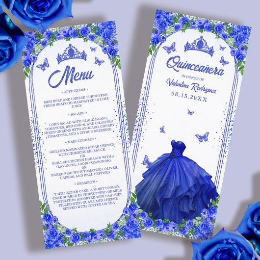 Menu Royal Blue Gold Parties scintillant Floral Quincea