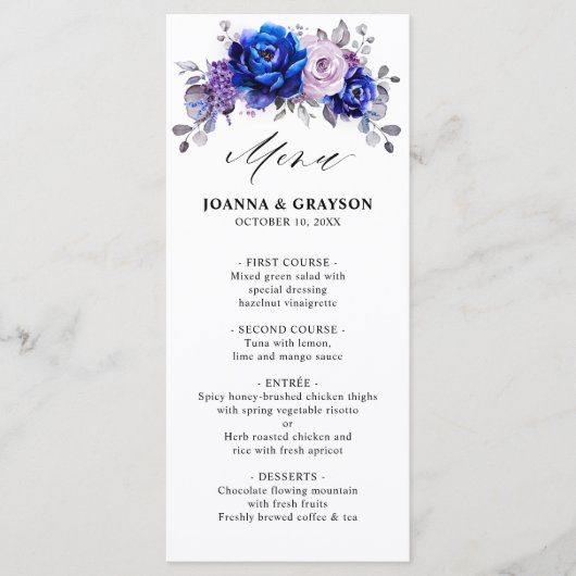 Menu Royal Blue Lilac Purple Floral Mariage (Devant)