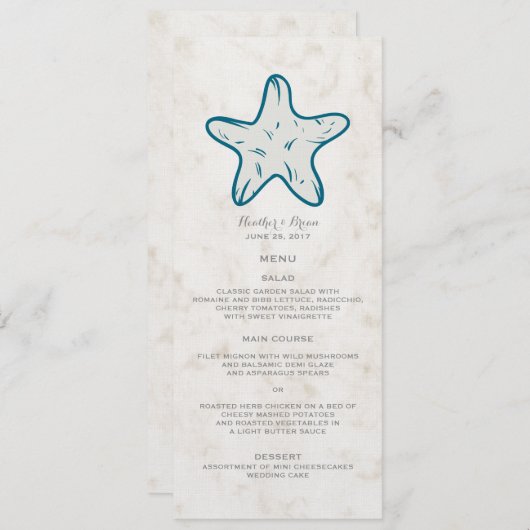 Menu Royal Blue Rustic Starfish Mariage (Devant / Derrière)