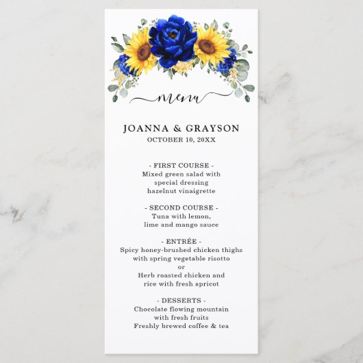 Menu Royal Blue Rustic Tournesol Moderne Floral Mariage (Devant)