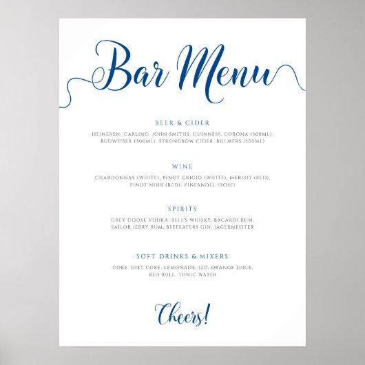 Menu Royal Blue Wedding Drinken Poster (Voorkant)