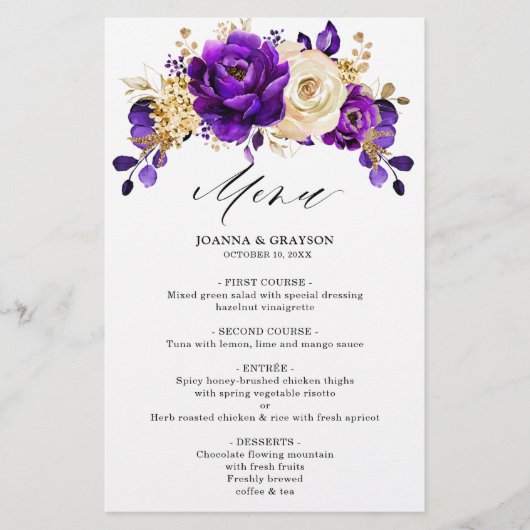Menu Royal violet violet or Mariage botanique (Devant)
