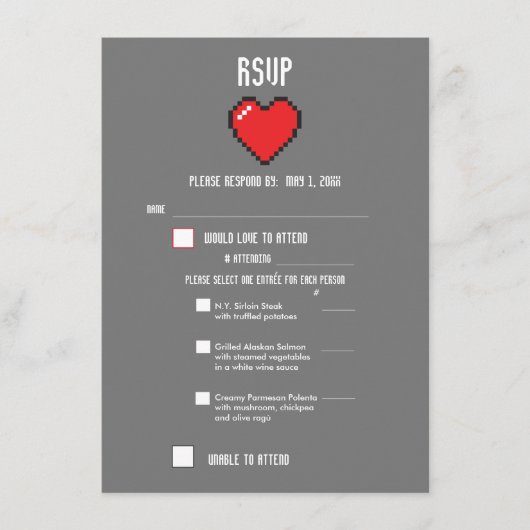 Menu RSVP 8 bits pour Mariage Geek Gamer (Devant)
