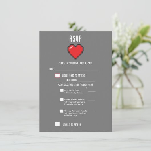 Menu RSVP 8 bits pour Mariage Geek Gamer (Debout devant)