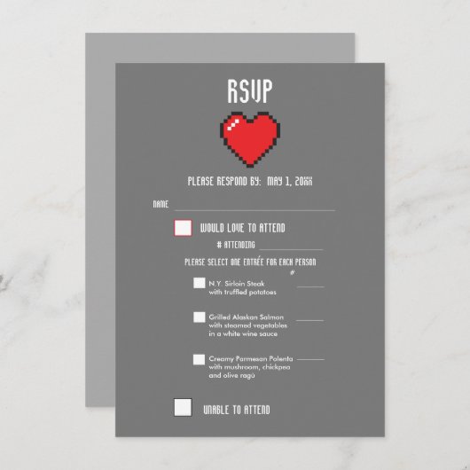 Menu RSVP 8 bits pour Mariage Geek Gamer (Devant / Derrière)