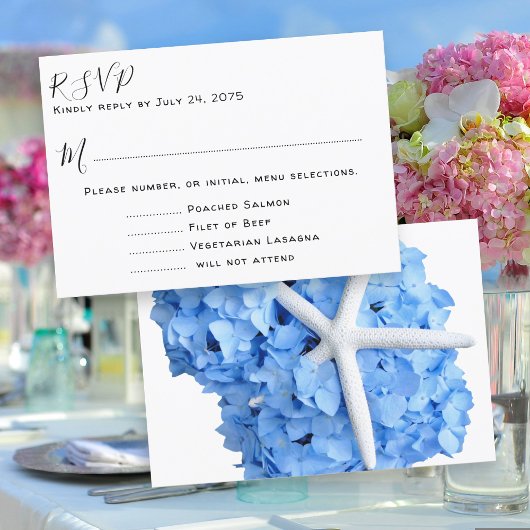 Menu RSVP de mariage bleu jardin au bord de la mer