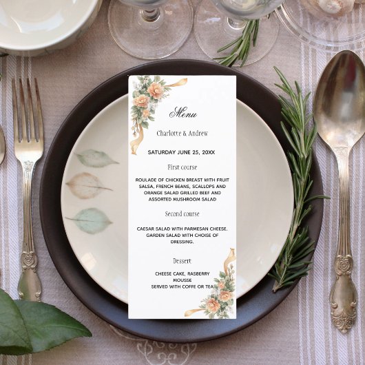 Menu Ruban de fleurs jaune doré pour dîner de mariage