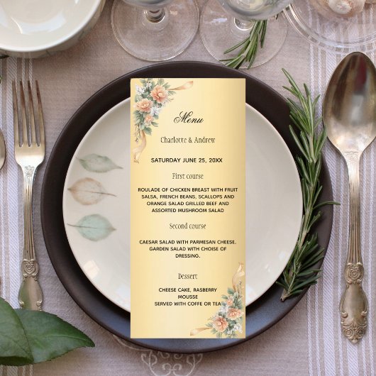 Menu Ruban floral jaune doré anniversaire de mariage