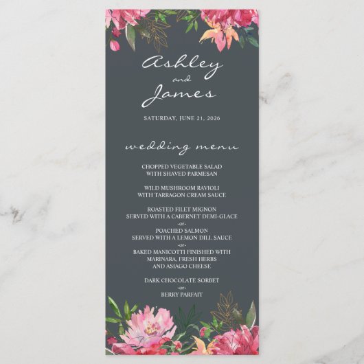 Menu Ruby Pink Peony Floral Mariage (Devant)