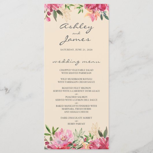Menu Ruby Pink Peony Floral Mariage d'ivoire (Devant)