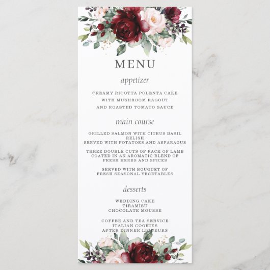Menu Russe Blush Rose Bourgogne Floral Mariage (Devant)