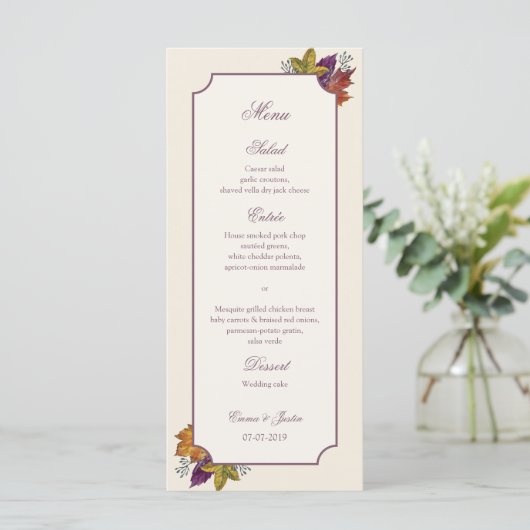 Menu Russe Mariage de automne Automne Feuilles Rackcard (Debout devant)