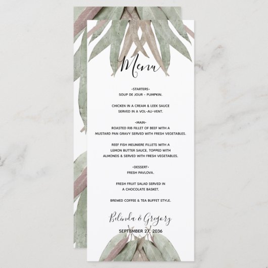 Menu Russe Mariage feuille Eucalyptus (Devant / Derrière)