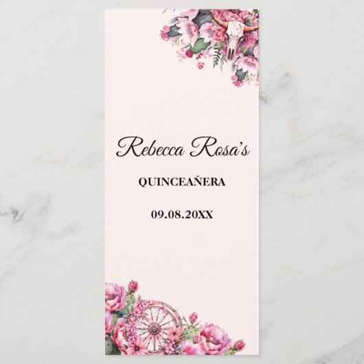 Menu Russe rose Boho Ouest Charra Thème Quinceanera (Dos)