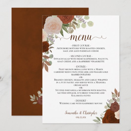 Menu Rust Orange Automne Floral Élégant Mariage Boho (Devant / Derrière)