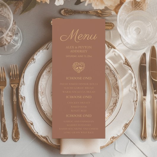 Menu Rust Orange Brûlé Réception de Mariage Oiseaux Amo