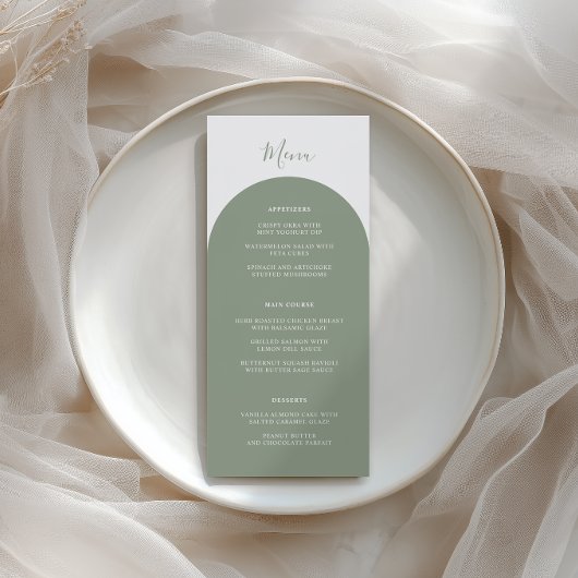 Menu Rustic Boho Sage Green Arches Retro Wedding Dinner