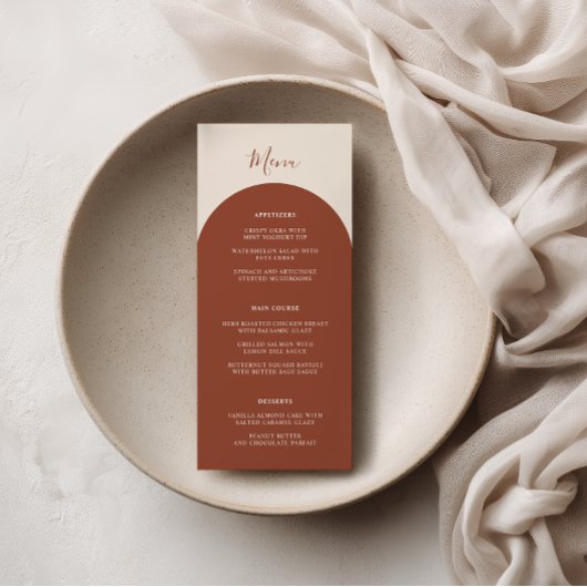 Menu Rustic Boho Terracotta Arches Retro Wedding Dinner