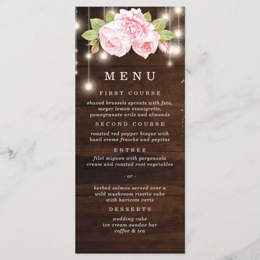 Menu Rustic Bois Chaîne Lumière Mariage Rose (Devant)