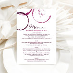 Menu Rustic Burgundy<br><div class="desc">Le design chic rustique et moderne de la carte de menu en tache de vin rouge bordeaux comprend du texte personnalisé pour la date de l'événement, le menu et les informations sur l'association de vin.</div>