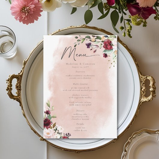 Menu Rustic Burgundy & Blush Pink Roses Wedding