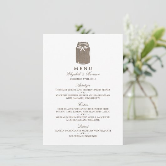 Menu Rustic Burlap Mason Jar Wedding (Staand voorkant)