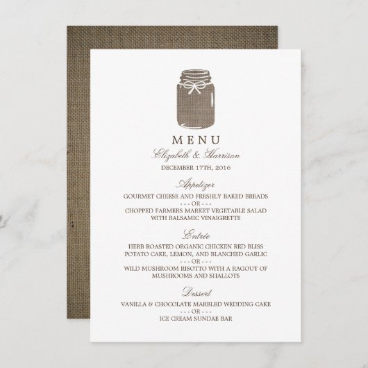 Menu Rustic Burlap Mason Jar Wedding (Voorkant / Achterkant)